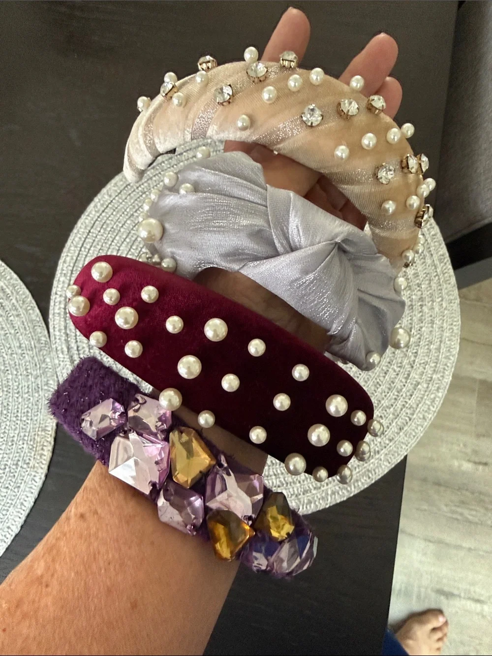 Embellished Pearl & Gem Velvet Headbands - Burgundy and Champagne set of 4